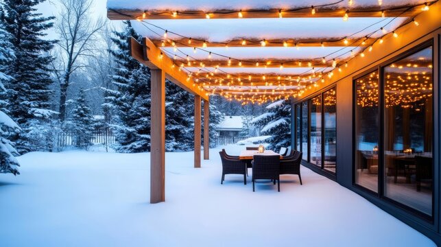 String lights draped across a snowy pergola, lighting up a cozy outdoor space - Powered by Adobe