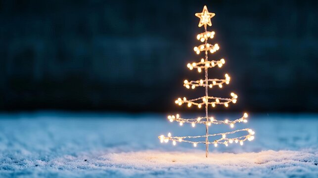 String lights forming the shape of a Christmas tree on a snowy lawn, glowing holiday decoration