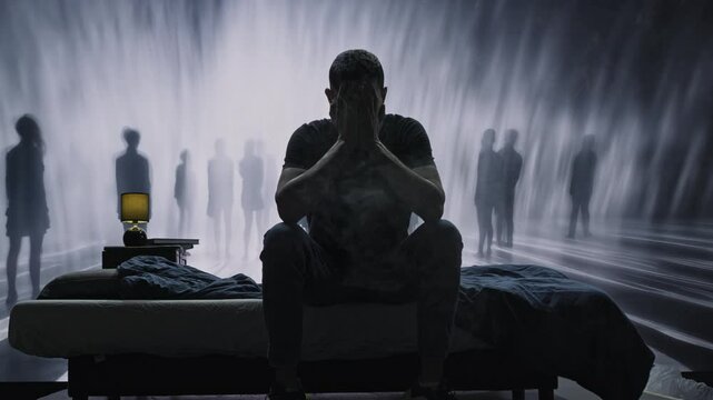 Lonely Man On Bed Surrounded By Ghostly Figures Depression Anxiety Mental Health