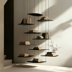 Obraz premium Modern Suspended Bookshelves with Books and Dried Flowers in a Minimalist Interior