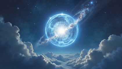 Obraz premium Illuminated celestial sphere radiating light in a cosmic atmosphere above clouds