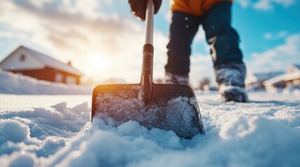 Man shoveling snow from his driveway early in the morning, representing the seasonal chores that come with daily life