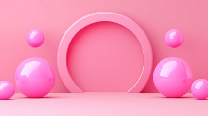 Obraz premium A vibrant display features glossy pink spheres and a semi-circular frame against a pink backdrop, creating an inviting atmosphere ideal for artistic endeavors or product showcases