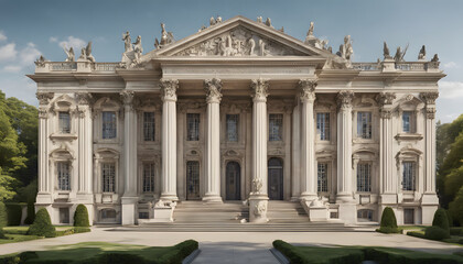 Fototapeta premium Elegant neoclassical architecture with intricate carvings and classical sculptures.