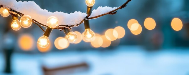 String lights glowing on a snowy tree branch, adding holiday warmth to the night