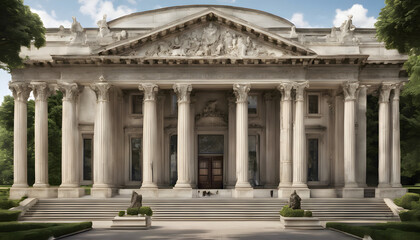 Elegant neoclassical architecture with intricate carvings and classical sculptures.