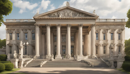 Elegant neoclassical architecture with intricate carvings and classical sculptures.