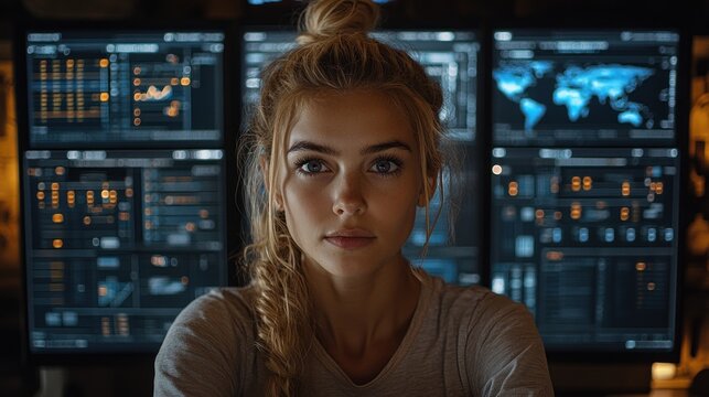 In a dimly lit space, a young woman intently examines various digital dashboards on large screens. Her concentration suggests an important analysis or decision-making process