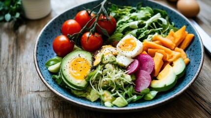 A vibrant salad featuring leafy greens, colorful vegetables, and hard-boiled eggs is presented in a bowl. Cherry tomatoes and cucumbers add freshness, perfect for a healthy meal
