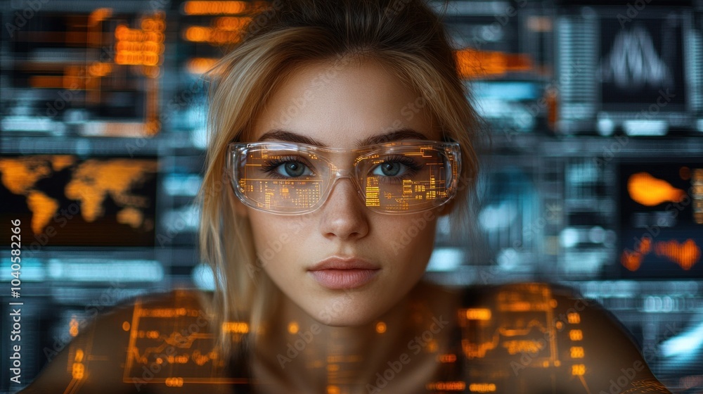 Poster a woman with smart glasses intently examines data displayed on several screens filled with graphics 