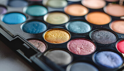 Naklejka premium Beautiful eyeshadow palette on light gray background, closeup. Professional cosmetic product