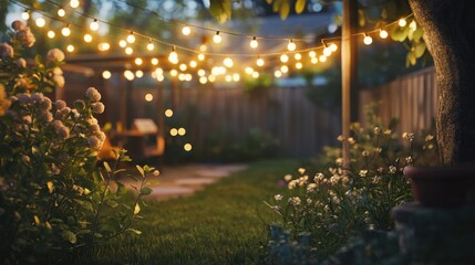 Fototapeta premium A lambent glow of fairy lights strung across a backyard, softly illuminating a peaceful evening gathering.