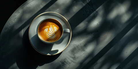 A mug of hot aromatic coffee, cappuccino, latte, flat white on the table. Banner template flat lay for advertising coffee beans, seasonal drinks and coffee shop menu with space for text.