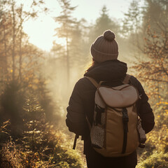 Person wearing a backpack and a beanie, walking through a sunlit forest in autumn, with mist visible from their breath in the cool air.