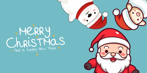 Merry Christmas and Happy New Year - Holiday Cartoon Character in Winter Season with Santa Claus, Polar Bear, and Sheep, Vector Banner
