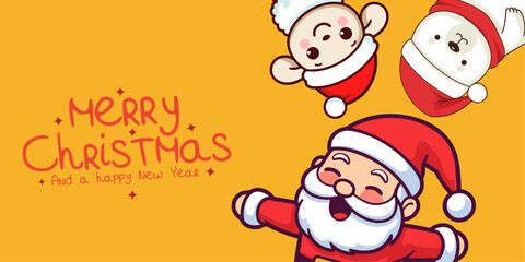 Vector Banner - Merry Christmas and Happy New Year with Santa Claus, Polar Bear, and Sheep, Holiday Cartoon Character in Winter Season
