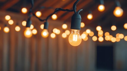 String lights hanging from the rafters of a barn, casting a warm holiday glow
