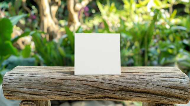 Elegant Business Card Mockup on Rustic Wooden Bench in Tranquil Garden Setting