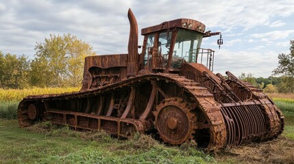 Rusted and Abandoned Crawler Tractor in a Field