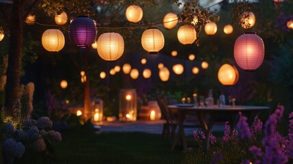 A lambent glow of paper lanterns lighting up a garden party at dusk, creating a soft and detailed atmosphere.