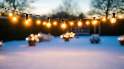 String lights twinkling above a snowy garden, lighting up a peaceful winter night
