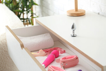 Opened chest of drawers with different sex shop in room