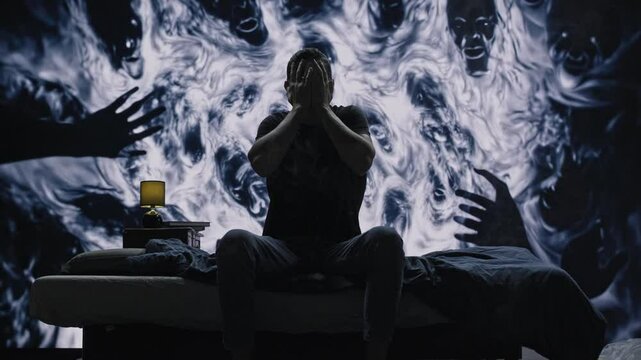 Dark Silhouette Battling Night Terrors On Bed With Smoky Supernatural Background Mental Health Anxiety Horror