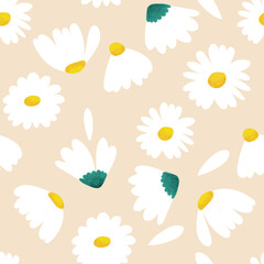 White daisy pattern - hand drawn illustrated - beige background