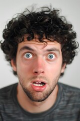 Close-up of a man with curly hair and a humorous