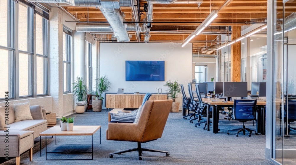 Poster a modern office space with innovative technology and collaborative workspace, representing productiv