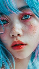 Obraz premium Close-up of a young Asian woman with blue hair and pink eyes