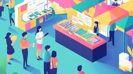 A vibrant illustration depicting a bustling marketplace with diverse people, colorful stalls, and a lively atmosphere.