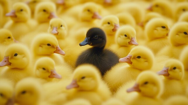 A group of yellow ducklings surrounds a single black ugly duckling, highlighting diversity, contrast and uniqueness in nature.