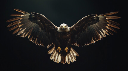 Naklejka premium An eagle in flight with its wings fully spread on a black background, ready to strike
