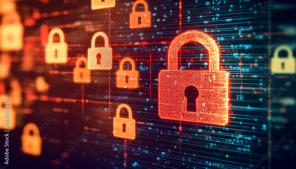 Poster vibrant digital background featuring glowing padlocks symbolizes cybersecurity and data protection. 