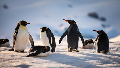 Fototapeta premium A group of emperor penguins gathered on the icy terrain of Antarctica, capturing a sense of community and winter serenity amidst the cold, stark beauty of their surroundings.