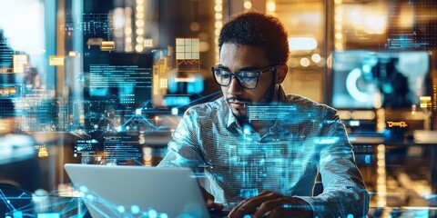 An IT specialist troubleshooting on a laptop in a futuristic tech office with multiple screens.