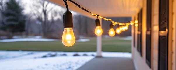 Twinkling string lights hanging from a porch roof, casting a warm glow over a snowy yard