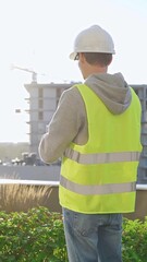 Man engineer with white helmet and safety vest is using tablet computer while inspecting a construction site at sunrise, back vertical view