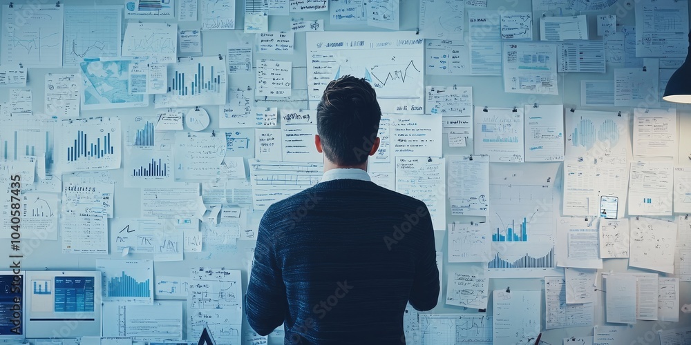 Poster a business strategist brainstorming ideas, standing before a large whiteboard filled with charts, su