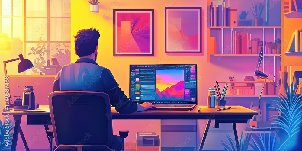 Poster a graphic designer creating digital art on a laptop in a vibrant and creative studio.