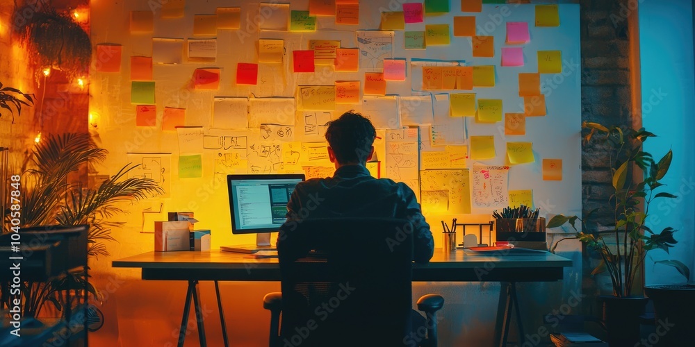 Poster A startup founder brainstorming ideas on a laptop in an informal office with whiteboards and sticky notes.