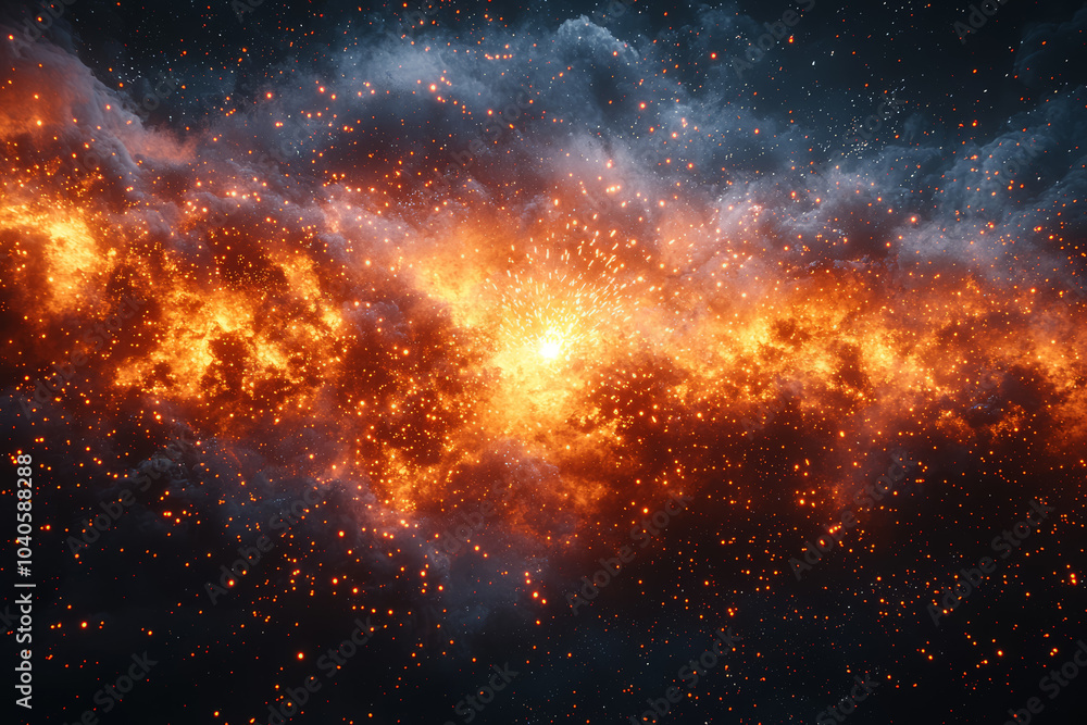 Poster a small spark igniting a massive explosion, symbolizing the creation of a new reality. concept of co