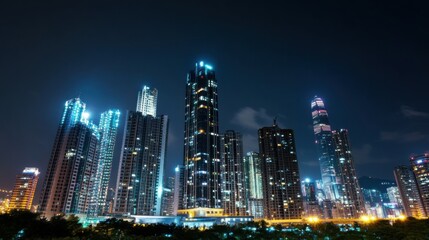 A modern urban skyline at night with illuminated skyscrapers, symbolizing the dynamic and cosmopolitan nature of city life, City scene