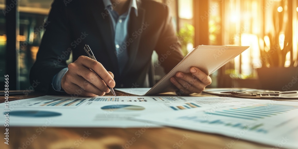 Poster A corporate manager analyzing annual reports with spreadsheets and charts on the desk, in formal attire within a high-tech office environment.