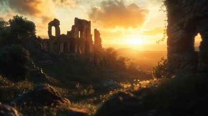 Fototapeta premium A lambent sunset casting soft light over the ruins of an old castle, with detailed stonework and surrounding landscape.