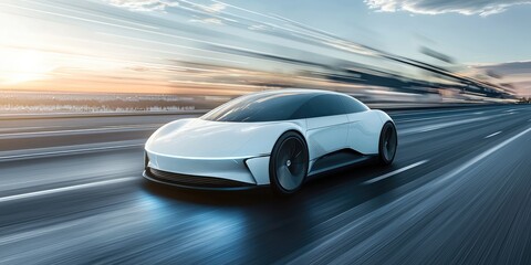 A sleek futuristic electric car speeds down an empty highway, with motion blur emphasizing its advanced technology.