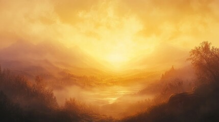 Fototapeta premium A lambent sunrise peeking through a misty valley, casting soft golden light over the detailed landscape.