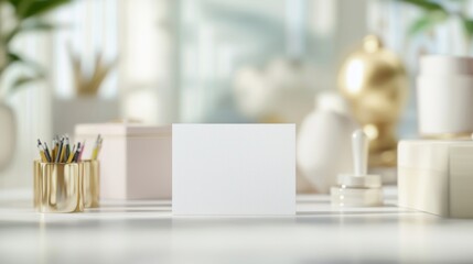 Luxurious High-End Business Card Mockup in Elegant Office Setting with Blurred Workspace Background