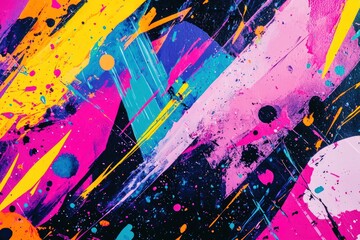 Chaotic splatters paint in bold neon colors with geometric overlays